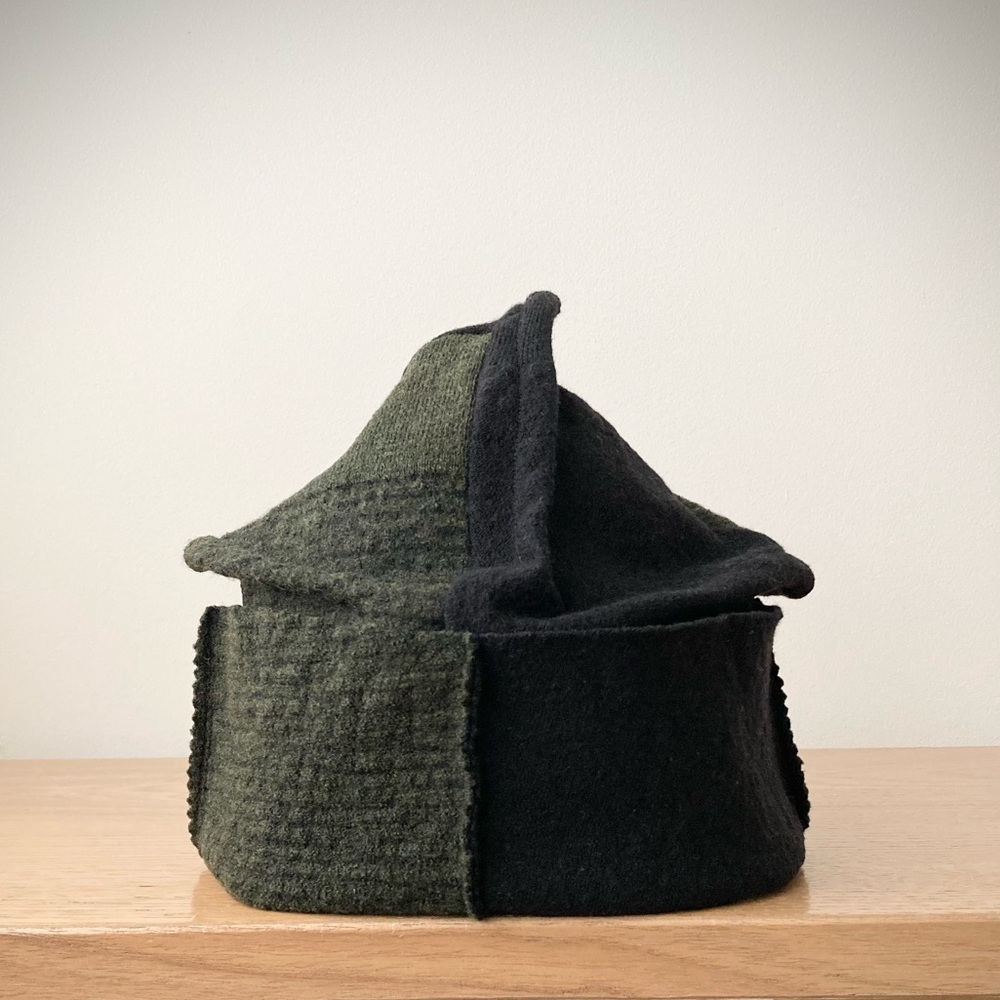 joodito origami crown merino wool sweater hat patchwork beanie cap green black